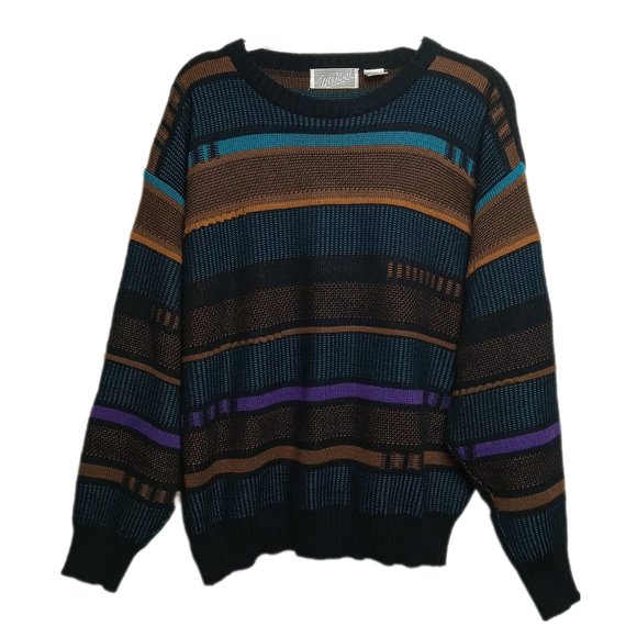 Method Other - Vintage Method Grandpa Sweater Size Large Crew Neck Striped Black Brown Blue